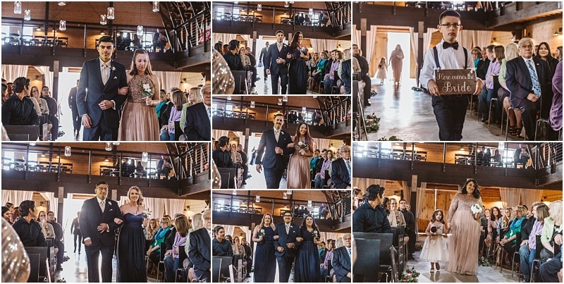 Premier snohomish & seattle wedding photographer | gsquared weddings photography a collage of snohomish wedding ceremony photos shows couples and individuals walking down the aisle in a rustic indoor venue near seattle with guests watching One person holds a sign reading here comes the bride  | serving snohomish seattle                   & beyond