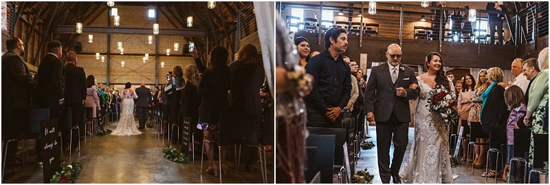 Premier snohomish & seattle wedding photographer | gsquared weddings photography a bride in a white gown walks down the aisle with an older man in a suit surrounded by guests at a rustic snohomish wedding venue with wooden beams and string lights | serving snohomish seattle                   & beyond