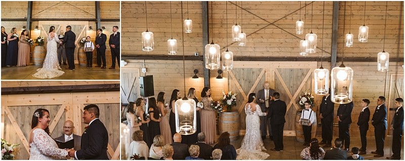 Premier snohomish & seattle wedding photographer | gsquared weddings photography a snohomish wedding ceremony in a rustic indoor venue with wood walls and hanging glass lights The bride and groom stand at the altar surrounded by their wedding party and witnessed by seated guests | serving snohomish seattle                   & beyond