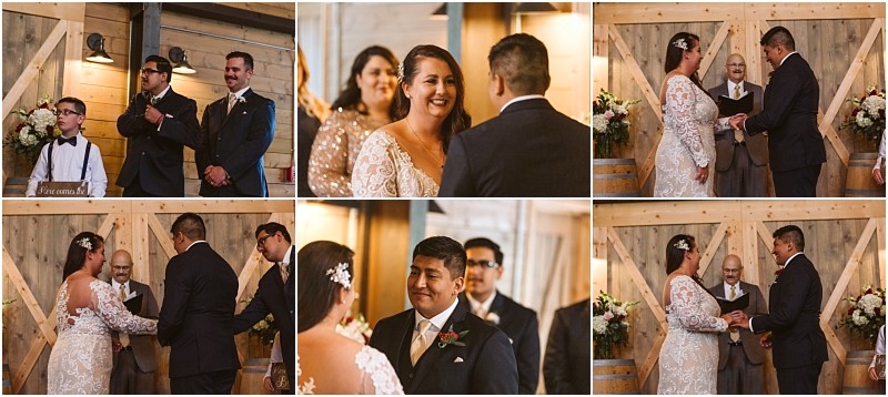 Premier snohomish & seattle wedding photographer | gsquared weddings photography a collage of six photos shows a bride and groom exchanging vows and rings during a rustic indoor snohomish wedding ceremony The couple smiles with guests and officiant nearby wooden barn doors in the background | serving snohomish seattle                   & beyond