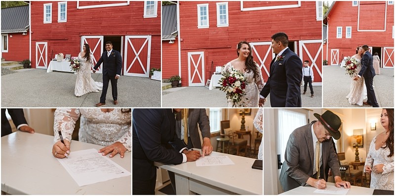 Premier snohomish & seattle wedding photographer | gsquared weddings photography a snohomish wedding couple in formal attire stands outside a red barn holding hands and smiling Close ups show them and others signing marriage documents inside capturing joyful and candid moments of the ceremony | serving snohomish seattle                   & beyond