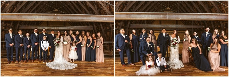 Premier snohomish & seattle wedding photographer | gsquared weddings photography two wedding group photos capture a bride groom and their wedding party posing in a rustic wooden venue with high beams Dressed in formal attire they celebrate their snohomish seattle weddingsome stand while others are seated or kneeling | serving snohomish seattle                   & beyond