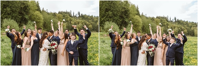 Premier snohomish & seattle wedding photographer | gsquared weddings photography a snohomish wedding party poses outdoors in a grassy field with trees behind them The group dressed in formal attire smiles and raises their arms in celebration holding bouquets and showing enthusiasm for this special seattle engagement | serving snohomish seattle                   & beyond