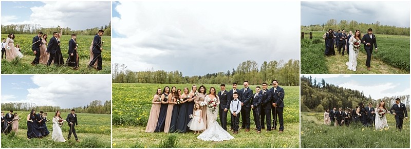 Premier snohomish & seattle wedding photographer | gsquared weddings photography a wedding party poses outdoors in a green field with trees capturing the joy of a snohomish seattle wedding The bride groom bridesmaids and groomsmen wear formal attire as they smile and walk together in different poses | serving snohomish seattle                   & beyond