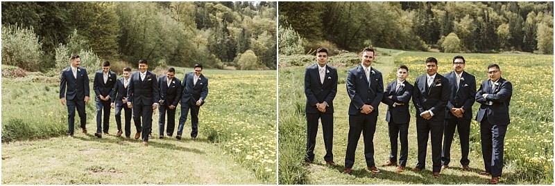 Premier snohomish & seattle wedding photographer | gsquared weddings photography a group of five men in navy suits stand and walk together in a green field with yellow wildflowers and trees celebrating a snohomish seattle wedding Two images show them strolling and posing side by side outdoors | serving snohomish seattle                   & beyond