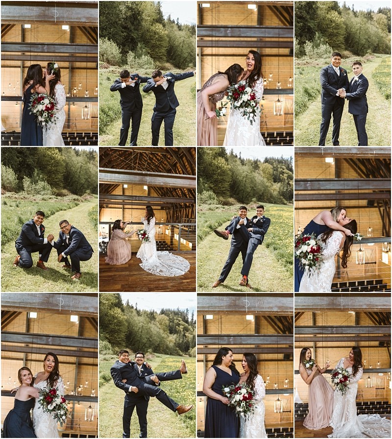 Premier snohomish & seattle wedding photographer | gsquared weddings photography a collage of sixteen snohomish wedding photos shows a bride groom bridesmaids and groomsmen in playful and joyful poses both indoors in a rustic barn and outdoors on a grassy field surrounded by trees | serving snohomish seattle                   & beyond