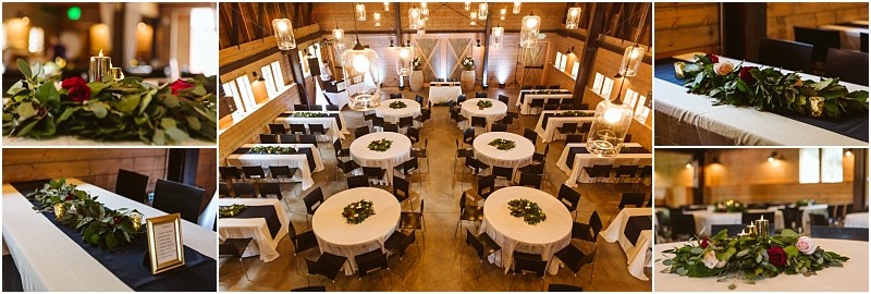 Premier snohomish & seattle wedding photographer | gsquared weddings photography collage of a rustic snohomish wedding reception setup in a wooden hall featuring round tables with white tablecloths black chairs chandeliers and green leafy centerpieces with roses Close ups show floral table decorations | serving snohomish seattle                   & beyond