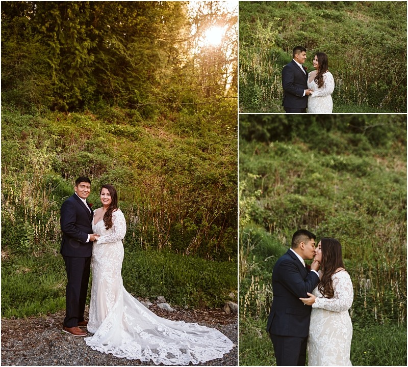 Premier snohomish & seattle wedding photographer | gsquared weddings photography a bride in a white lace gown and a groom in a dark suit stand together outdoors surrounded by greenery holding hands and sharing intimate moments at sunset during their snohomish seattle wedding | serving snohomish seattle                   & beyond