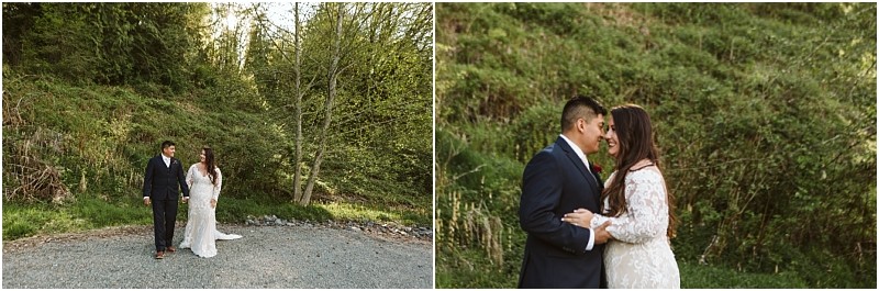 Premier snohomish & seattle wedding photographer | gsquared weddings photography a couple in wedding attire stands outdoors on a gravel path by greenery smiling at each other In a close up they touch foreheads sharing an intimate moment amid lush foliage during their romantic snohomish seattle wedding | serving snohomish seattle                   & beyond