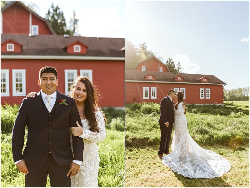 Premier snohomish & seattle wedding photographer | gsquared weddings photography two wedding photos on the left a bride in a white lace gown smiles beside her groom in front of a red building On the right they share a kiss outside the same snohomish venuea perfect seattle wedding moment | serving snohomish seattle                   & beyond