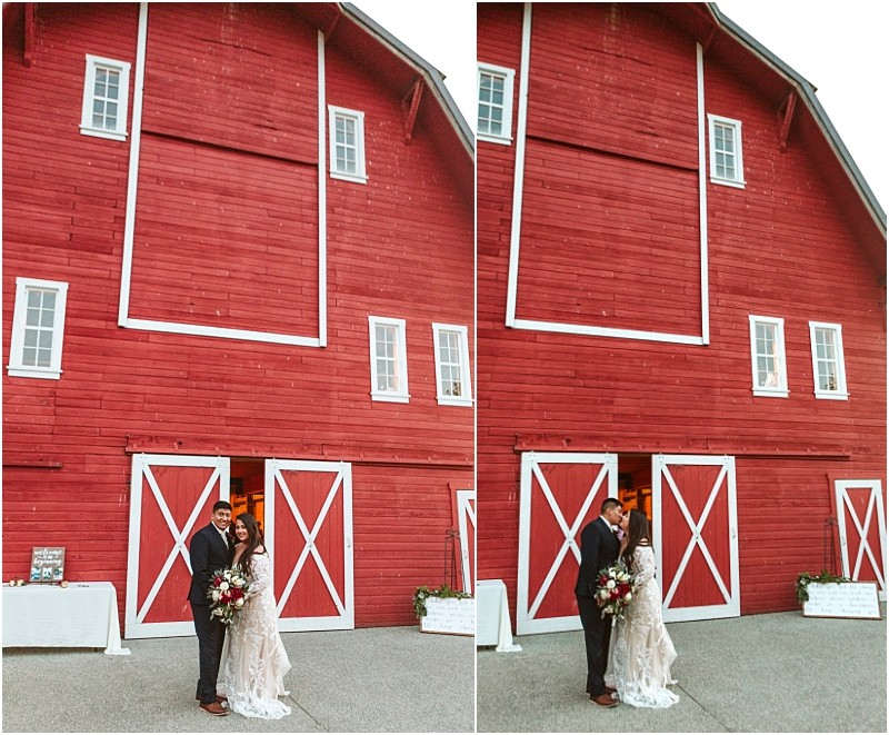 Premier snohomish & seattle wedding photographer | gsquared weddings photography a happy bride and groom stand outside large red barn doors in snohomish smiling and holding a bouquet The barns white trim and windows set the scene for this joyful seattle wedding or engagement moment | serving snohomish seattle                   & beyond