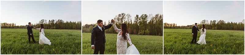 Premier snohomish & seattle wedding photographer | gsquared weddings photography a bride and groom dance together in a lush green field at sunset during their snohomish wedding surrounded by tall grass and trees in the background | serving snohomish seattle                   & beyond