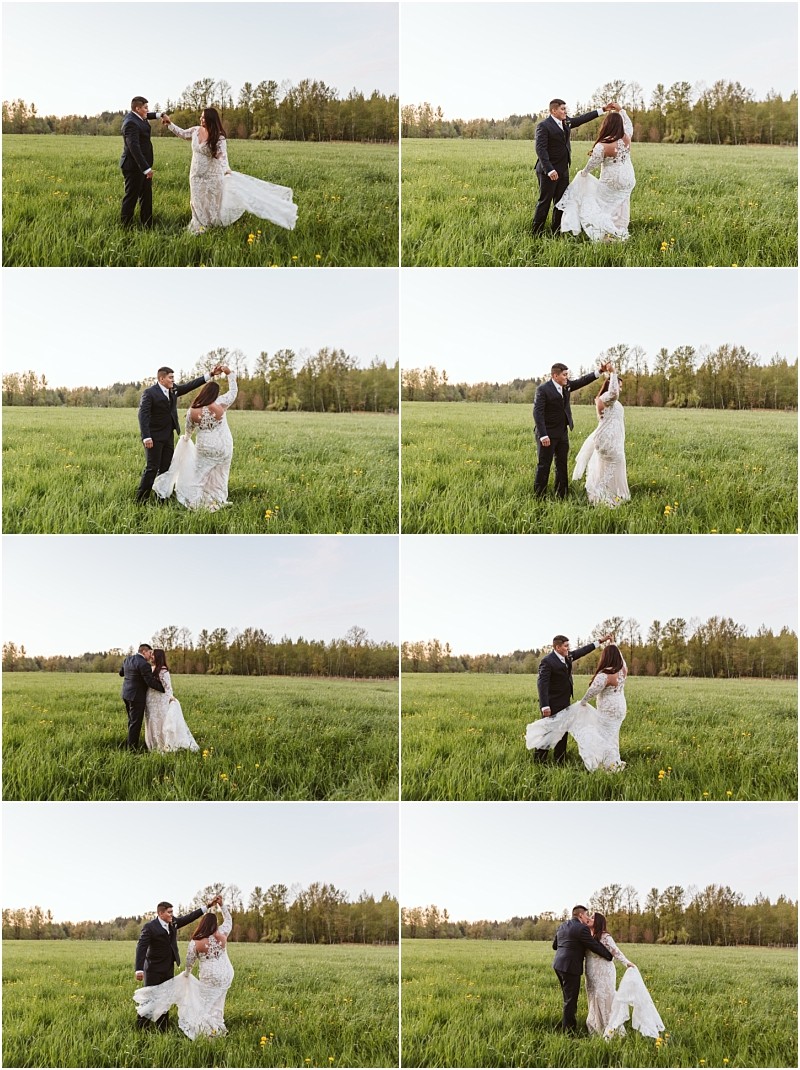 Premier snohomish & seattle wedding photographer | gsquared weddings photography a collage of eight photos shows a snohomish bride and groom dancing and laughing together in a green field surrounded by trees under a clear sky The bride lifts her white dress as they twirl and smile at each other during their seattle wedding | serving snohomish seattle                   & beyond