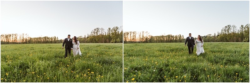 Premier snohomish & seattle wedding photographer | gsquared weddings photography a couple dressed in formal wedding attire walks hand in hand through a green field dotted with yellow wildflowers capturing a magical snohomish seattle wedding engagement as trees line the horizon under a clear sky at sunset | serving snohomish seattle                   & beyond