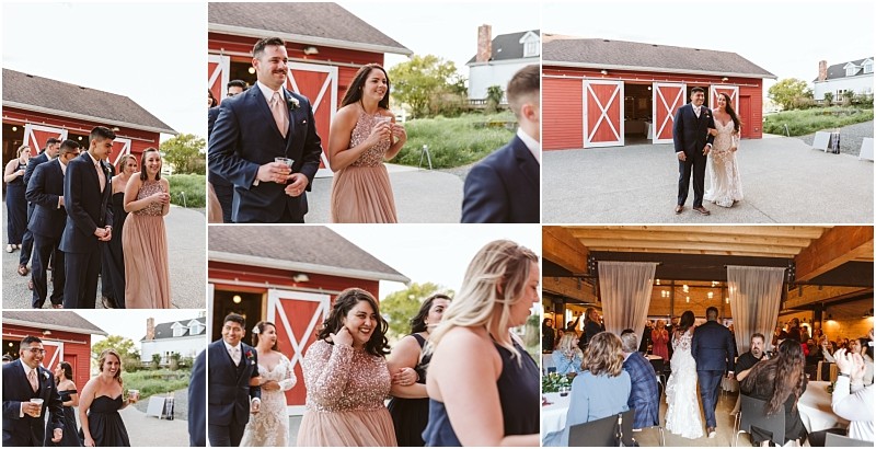 Premier snohomish & seattle wedding photographer | gsquared weddings photography a collage of snohomish wedding guests dressed in formal attire smiling and walking in pairs outside a red barn and later gathered inside a warmly lit reception venue near seattle | serving snohomish seattle                   & beyond