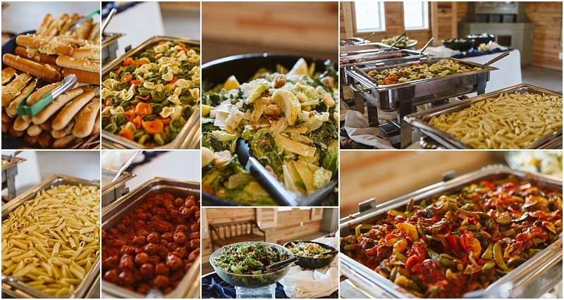 Premier snohomish & seattle wedding photographer | gsquared weddings photography a collage of buffet style italian food perfect for a snohomish or seattle wedding engagement featuring breadsticks pasta salad meatballs vegetables and an array of pasta dishes in serving trays on a table | serving snohomish seattle                   & beyond