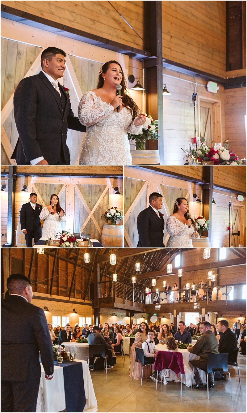 Premier snohomish & seattle wedding photographer | gsquared weddings photography a bride and groom speak to guests during their snohomish wedding reception inside a rustic barn venue decorated with wood accents hanging lights flowers and seated guests listening attentively | serving snohomish seattle                   & beyond