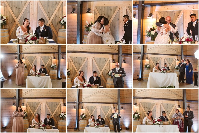 Premier snohomish & seattle wedding photographer | gsquared weddings photography a collage of snohomish wedding reception photos shows a bride and groom at their sweetheart table sharing kisses laughing and interacting with guests who give speeches in a rustic venue with wooden barn doors and floral decor | serving snohomish seattle                   & beyond