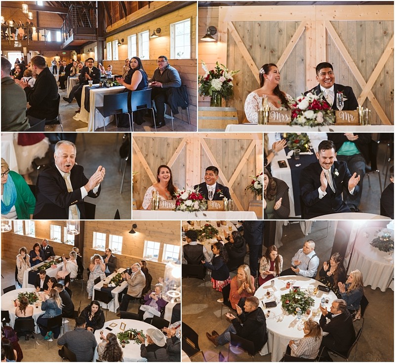 Premier snohomish & seattle wedding photographer | gsquared weddings photography a collage of snohomish wedding reception photos shows guests at decorated tables the bride and groom smiling at a head table people clapping and the venues rustic barn interior with wood accents | serving snohomish seattle                   & beyond