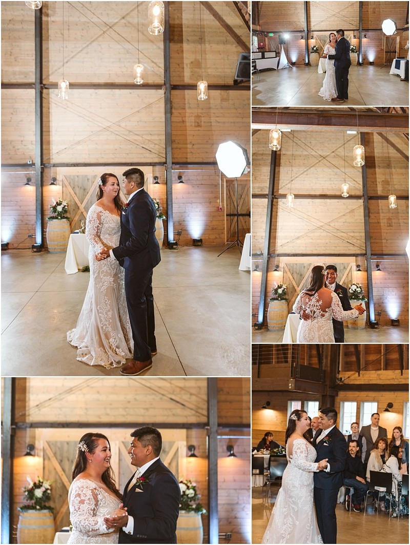 Premier snohomish & seattle wedding photographer | gsquared weddings photography a bride and groom share their first dance in a rustic snohomish barn venue smiling and holding each other closely Guests watch and celebrate in the warmly lit space decorated with flowers and wooden accents | serving snohomish seattle                   & beyond