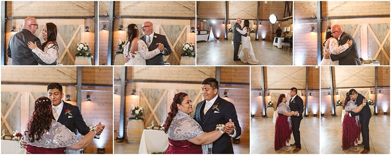 Premier snohomish & seattle wedding photographer | gsquared weddings photography a collage of snohomish wedding dance moments in a rustic barn showing a bride and groom dancing with their parents and with each other all smiling and enjoying the celebration near seattle | serving snohomish seattle                   & beyond