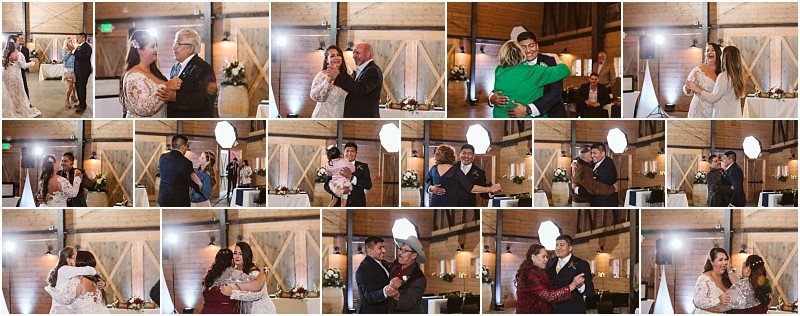 Premier snohomish & seattle wedding photographer | gsquared weddings photography a collage of snohomish wedding reception moments shows couples and family members dancing and embracing inside a warmly lit barn near seattle with wooden walls and festive decorations | serving snohomish seattle                   & beyond