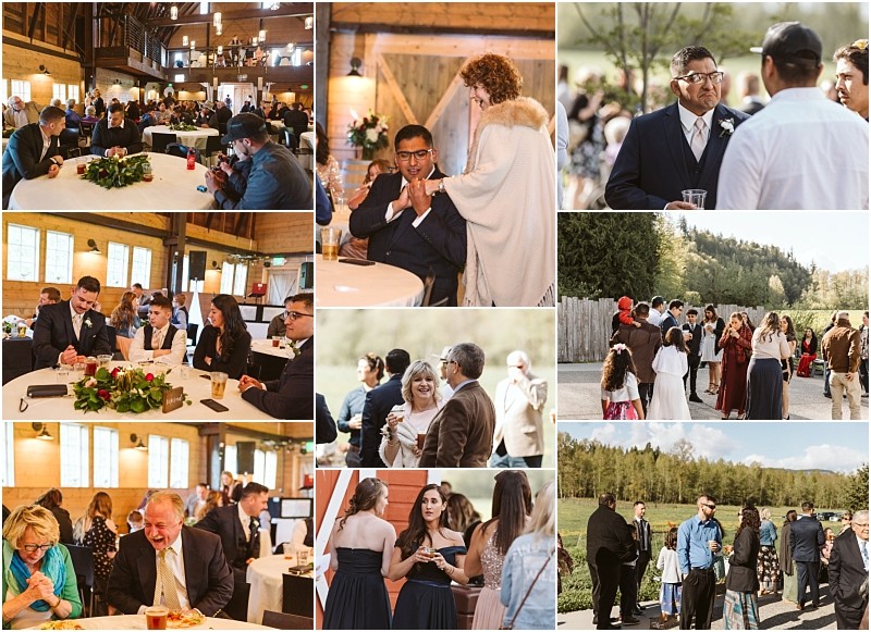 Premier snohomish & seattle wedding photographer | gsquared weddings photography a collage of snohomish wedding reception photos shows guests socializing laughing and dining both indoors and outdoors at a rustic venue on a sunny day The atmosphere appears joyful and celebratory | serving snohomish seattle                   & beyond