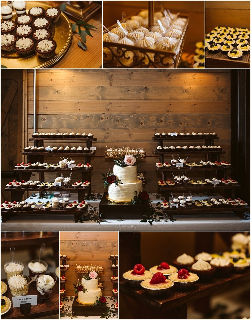 Premier snohomish & seattle wedding photographer | gsquared weddings photography a rustic dessert table at a snohomish seattle wedding displays a tiered white cake with flowers surrounded by shelves of assorted cupcakes mini pies and other sweets Close ups highlight the treats and wooden background for this sweet engagement celebration | serving snohomish seattle                   & beyond