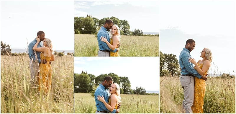 Premier snohomish & seattle wedding photographer | gsquared weddings photography a couple stands in a grassy field near snohomish embracing and smiling at each other in various poses The man wears a blue shirt and gray pants the woman a yellow dress Trees and sky frame this sweet seattle engagement moment | serving snohomish seattle                   & beyond