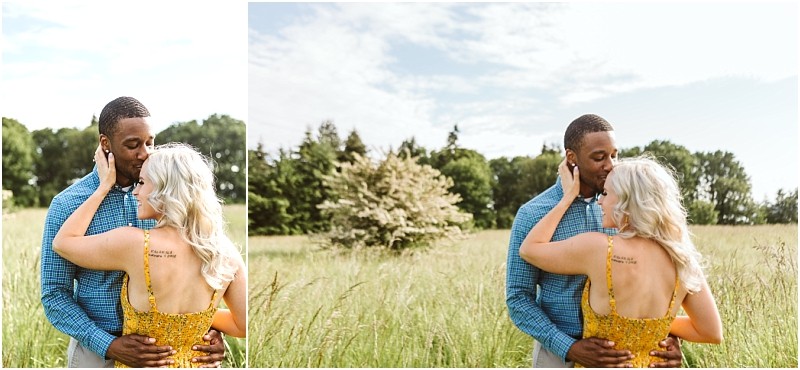 Premier snohomish & seattle wedding photographer | gsquared weddings photography a couple embraces in a grassy field under a partly cloudy sky during their snohomish engagement The woman with long blonde hair wears a yellow dress touching the face of the man in a blue shirt Trees are visible in the background | serving snohomish seattle                   & beyond