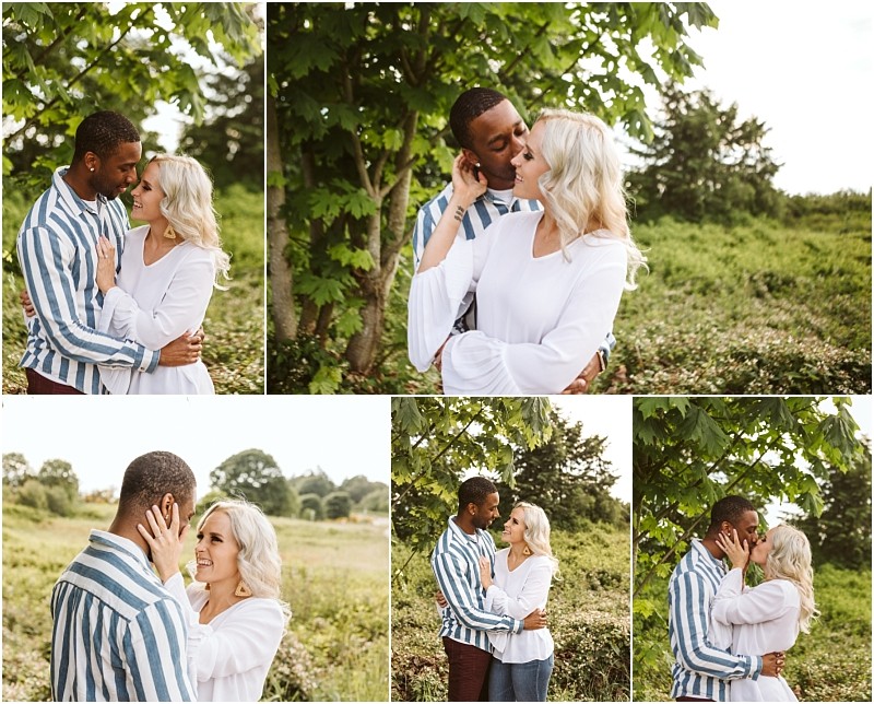 Premier snohomish & seattle wedding photographer | gsquared weddings photography a collage of five photos shows a couple embracing and smiling outdoors under a leafy tree capturing their joyful snohomish engagement The man wears a striped shirt the woman a white blouse and lush greenery fills the seattle backdrop | serving snohomish seattle                   & beyond