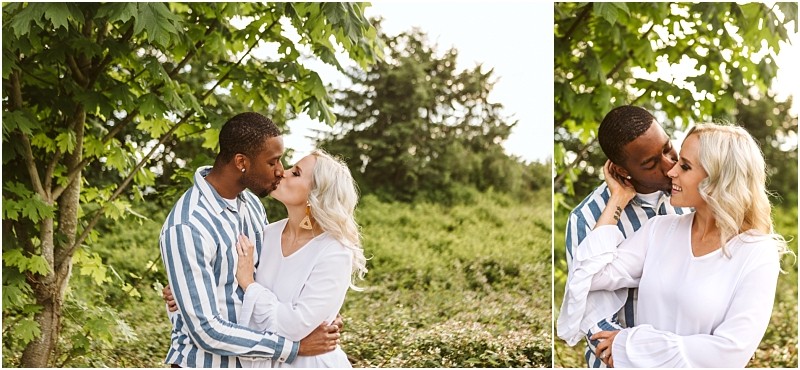 Premier snohomish & seattle wedding photographer | gsquared weddings photography a couple stands outdoors surrounded by greenery In the left image they kiss while embracing In the right they smile at each other closely the womans hand resting on the mans neckcapturing a romantic snohomish wedding engagement moment | serving snohomish seattle                   & beyond