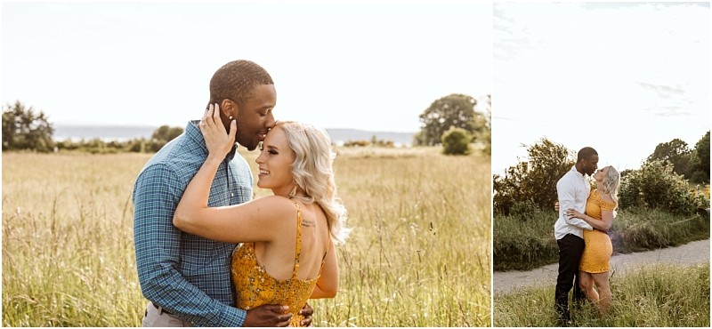 Premier snohomish & seattle wedding photographer | gsquared weddings photography a couple embraces in a grassy field near snohomish the man kisses the womans forehead In a smaller image they stand close together on a dirt path surrounded by greenery both appearing happy and affectionate during their seattle engagement | serving snohomish seattle                   & beyond