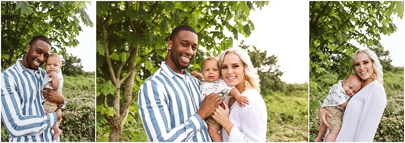 Premier snohomish & seattle wedding photographer | gsquared weddings photography a happy family of three stands outdoors In the first photo a man holds a baby In the next the couple holds their baby togetherperfect for a snohomish or seattle engagement or wedding backdrop with lush greenery in the background | serving snohomish seattle                   & beyond