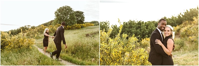 Premier snohomish & seattle wedding photographer | gsquared weddings photography two people dressed in black formal wear walk hand in hand along a grassy path surrounded by yellow flowers and greenery in the next image they smile and embrace against the natural sunlit backdrop of a snohomish seattle wedding engagement | serving snohomish seattle                   & beyond
