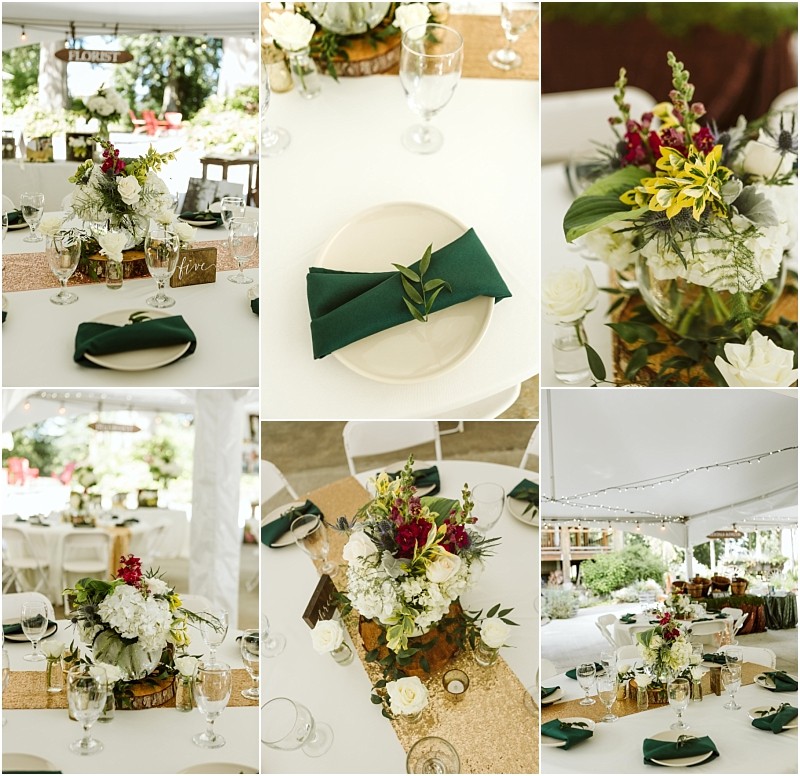 Premier snohomish & seattle wedding photographer | gsquared weddings photography a collage of snohomish wedding table settings with white linens green napkins and rustic floral centerpieces featuring white yellow and burgundy flowers surrounded by wood slices and greenery under a white tent | serving snohomish seattle & beyond Premier snohomish & seattle wedding photographer | gsquared weddings photography a collage of snohomish wedding table settings with white linens green napkins and rustic floral centerpieces featuring white yellow and burgundy flowers surrounded by wood slices and greenery under a white tent | serving snohomish seattle & beyond