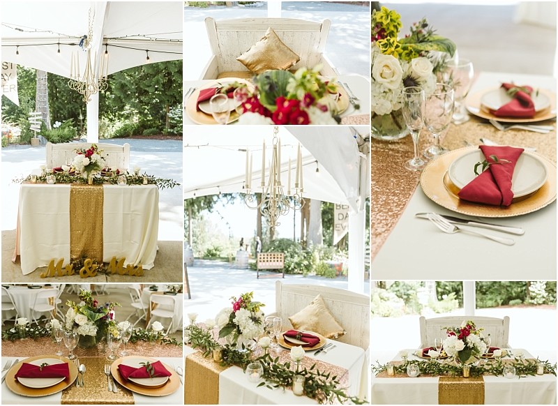 Premier snohomish & seattle wedding photographer | gsquared weddings photography a collage of snohomish and seattle wedding table decorations featuring gold and white details floral centerpieces gold sequin runners elegant plates with burgundy napkins and mr & mrs signs on a sweetheart table | serving snohomish seattle                   & beyond
