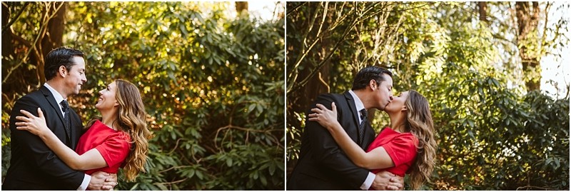 Premier snohomish & seattle wedding photographer | gsquared weddings photography a man in a black suit and a woman in a red dress smile at each other in the first frame and share a kiss in the second standing outdoors amid lush green foliage during their snohomish seattle wedding engagement | serving snohomish seattle                   & beyond