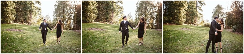 Premier snohomish & seattle wedding photographer | gsquared weddings photography a couple dressed formally holds hands and walks together through a grassy tree lined park in snohomish smiling and embracing in a series of three side by side seattle wedding engagement photos | serving snohomish seattle                   & beyond