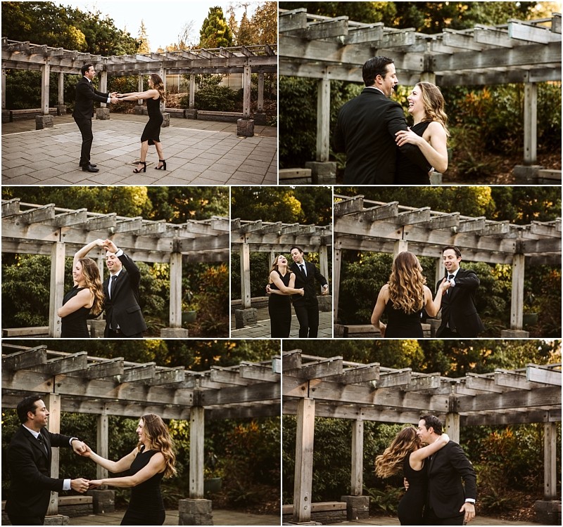 Premier snohomish & seattle wedding photographer | gsquared weddings photography a couple in formal black attire dances together outdoors beneath a wooden pergola smiling and twirling each other surrounded by greenery and warm sunlight at a romantic snohomish seattle wedding engagement | serving snohomish seattle                   & beyond