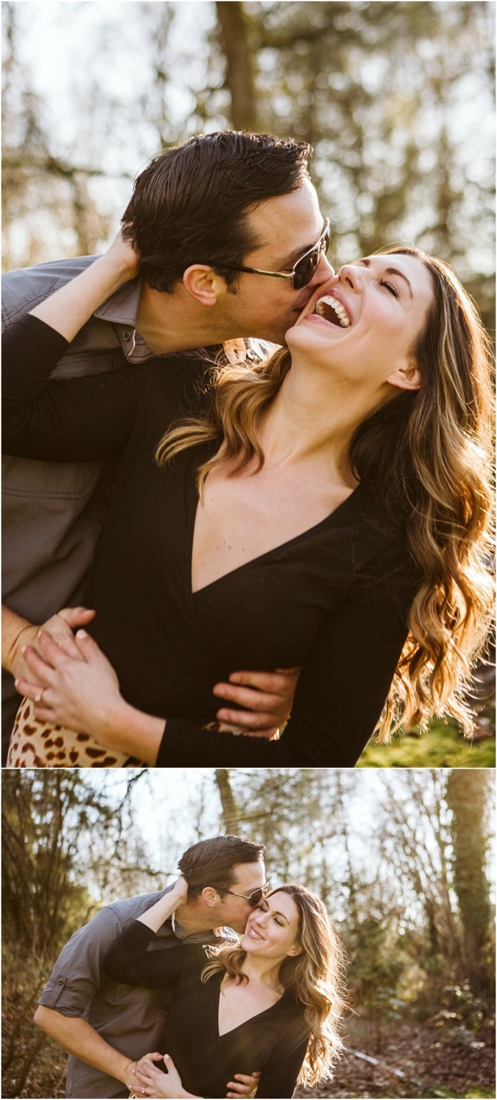 Premier snohomish & seattle wedding photographer | gsquared weddings photography a couple stands outdoors in sunlight laughing and embracing closely In the top image the man kisses the woman on the cheek as she smiles In the bottom image they hold each other smiling warmly during their snohomish seattle engagement | serving snohomish seattle                   & beyond