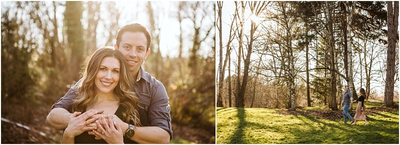 Premier snohomish & seattle wedding photographer | gsquared weddings photography a smiling couple embraces in a sunlit wooded snohomish area in one photo in the next they walk hand in hand across a grassy clearing surrounded by tall trees with warm sunlight streaming througha perfect seattle engagement moment | serving snohomish seattle                   & beyond