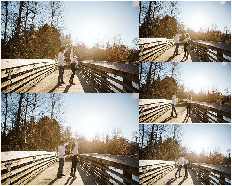 Premier snohomish & seattle wedding photographer | gsquared weddings photography five photos show a couple dancing and holding hands on a wooden bridge in sunlight during their snohomish engagement with trees and blue sky in the background The atmosphere is bright and joyful | serving snohomish seattle                   & beyond