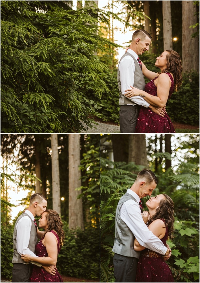 Premier snohomish & seattle wedding photographer | gsquared weddings photography a couple stands close together in a lush green forest at sunset during their snohomish engagement smiling embracing and gazing into each others eyes The woman wears a burgundy dress the man wears a vest and tie | serving snohomish seattle                   & beyond