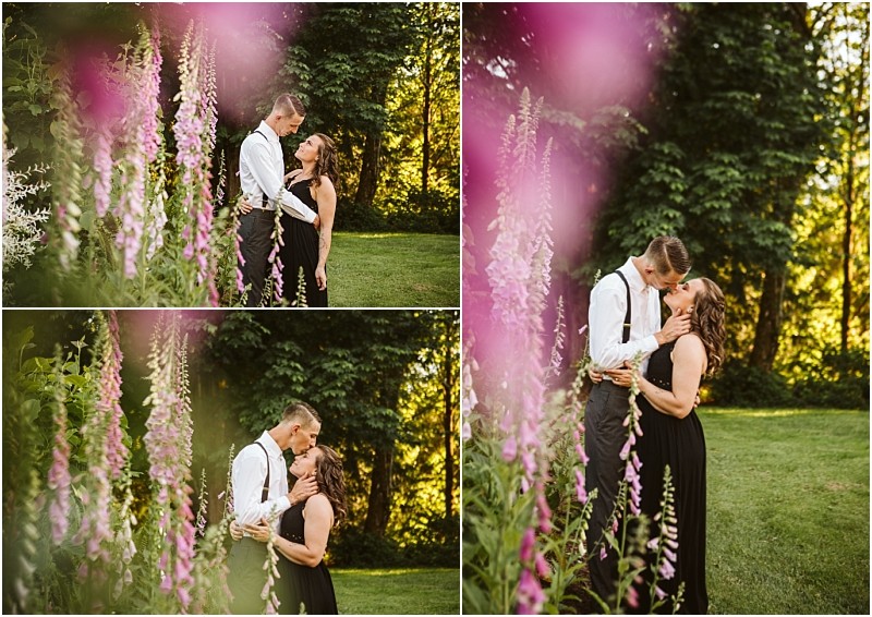 Premier snohomish & seattle wedding photographer | gsquared weddings photography a couple shares a loving embrace and kiss in a garden surrounded by tall pink flowers and greenery Sunlight filters through the trees capturing a romantic snohomish seattle wedding engagement moment | serving snohomish seattle                   & beyond