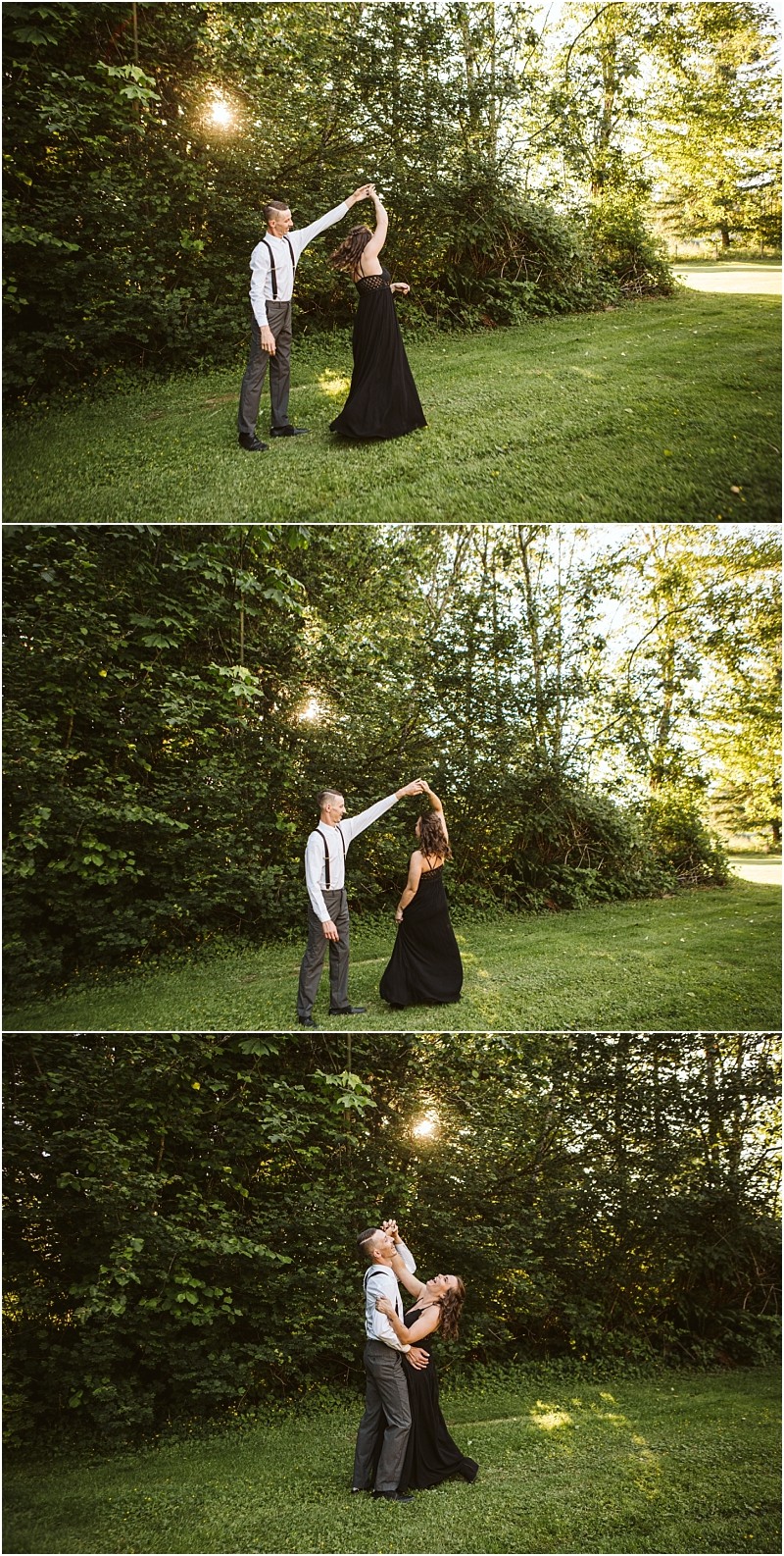 Premier snohomish & seattle wedding photographer | gsquared weddings photography a couple dressed formally dances together on a grassy lawn surrounded by trees and sunlight In this snohomish seattle engagement the man twirls the woman in a black dress as they share a joyful romantic moment outdoors | serving snohomish seattle                   & beyond