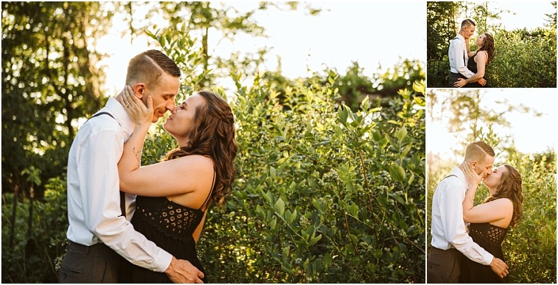Premier snohomish & seattle wedding photographer | gsquared weddings photography a couple embraces and kisses in a lush green outdoor setting during golden hour for their snohomish seattle engagement The main image shows them gazing lovingly at each other with two smaller images capturing affectionate moments | serving snohomish seattle                   & beyond