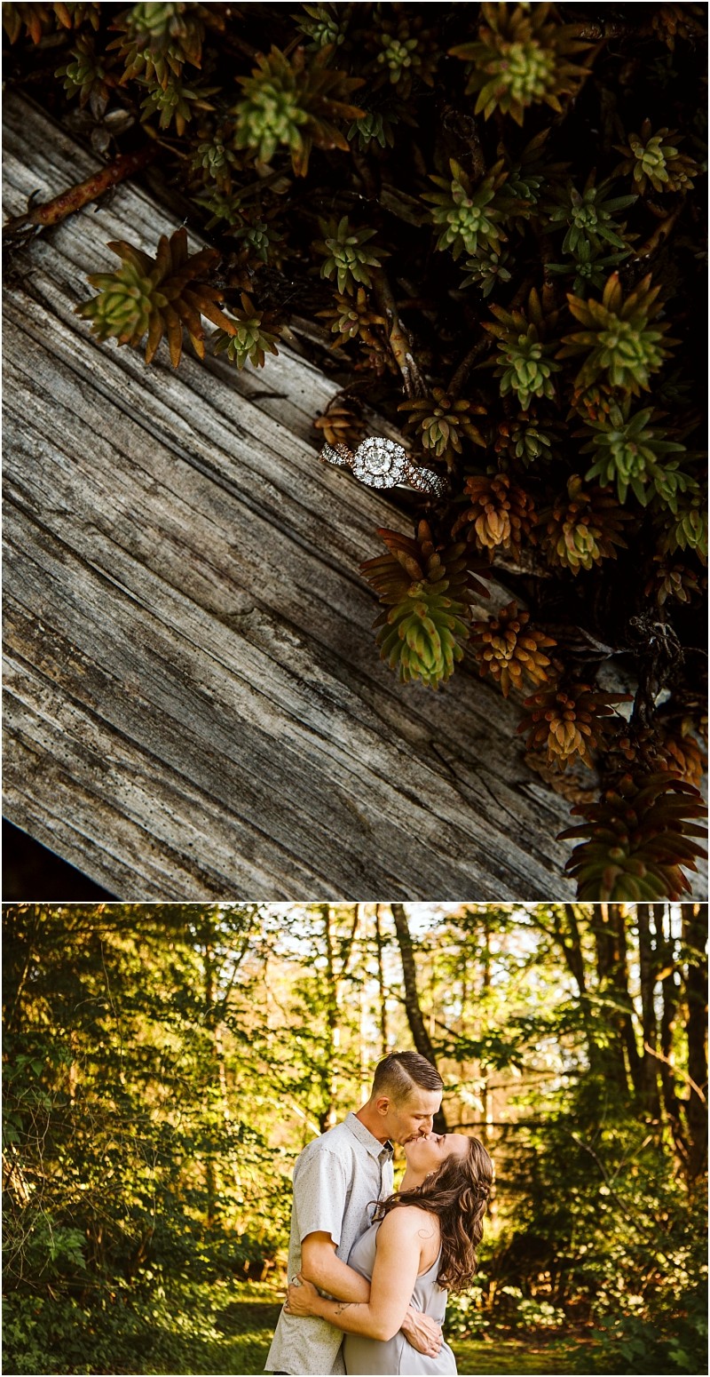 Premier snohomish & seattle wedding photographer | gsquared weddings photography top an engagement ring rests on a weathered wooden surface next to green plants Bottom a couple embraces and kisses in a sunlit forest clearing capturing their snohomish engagement near seattle | serving snohomish seattle                   & beyond