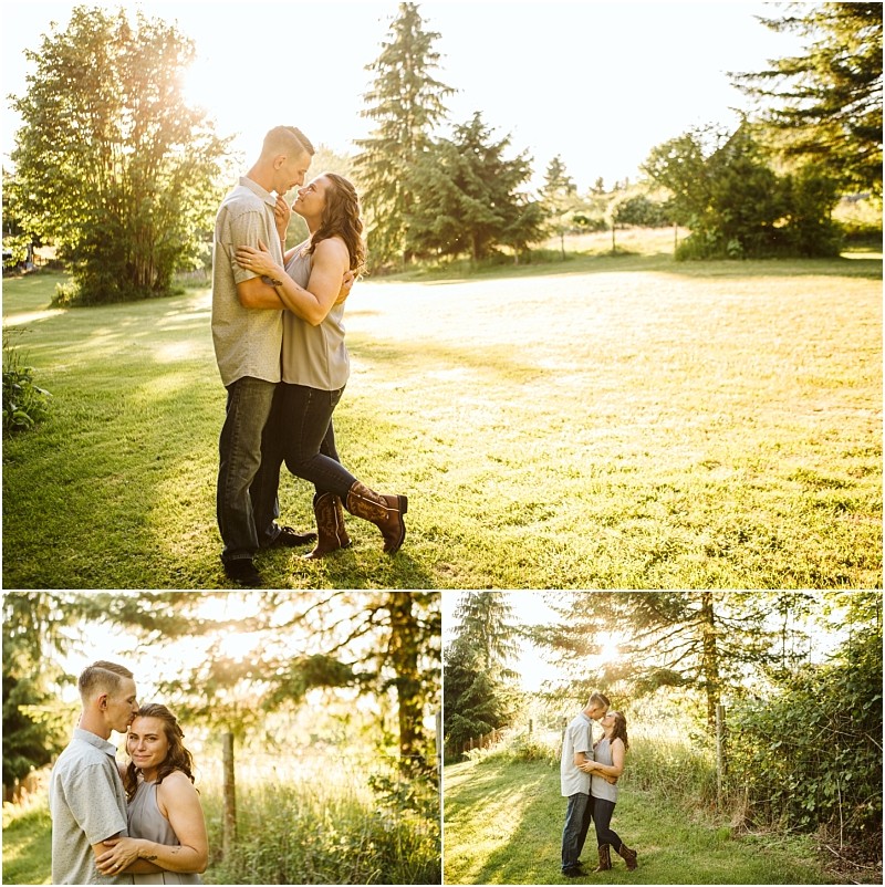 Premier snohomish & seattle wedding photographer | gsquared weddings photography a couple embraces and smiles at each other in a sunlit grassy field surrounded by trees with warm golden sunlight highlighting their intimate joyful moments during their snohomish seattle wedding engagement | serving snohomish seattle                   & beyond