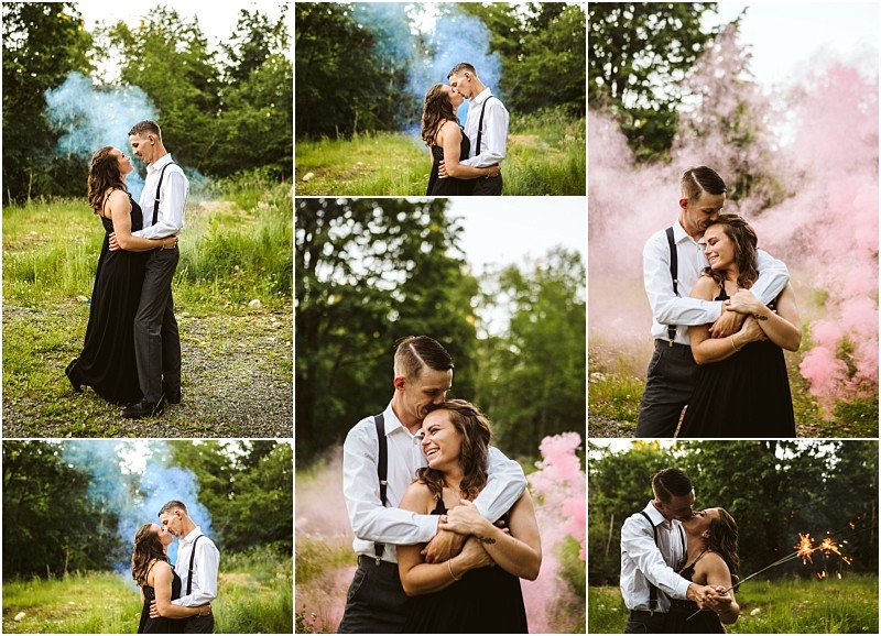 Premier snohomish & seattle wedding photographer | gsquared weddings photography a couple dressed in black and white outfits embraces and smiles in an outdoor setting with trees smoke and sparklers creating a romantic and playful atmosphere for their snohomish seattle wedding engagement collage of six photos | serving snohomish seattle                   & beyond